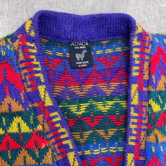 Alpaca Vest‎ Women Small Blue Red Yellow Stripe Sweater Hand Knit Wool Peru VTG - Picture 2 of 8